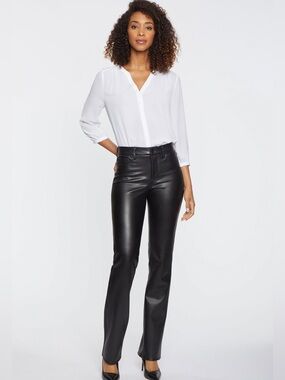 NYDJ Sculpt-Her Marilyn Faux Leather Straight Pants Black Petite 2P